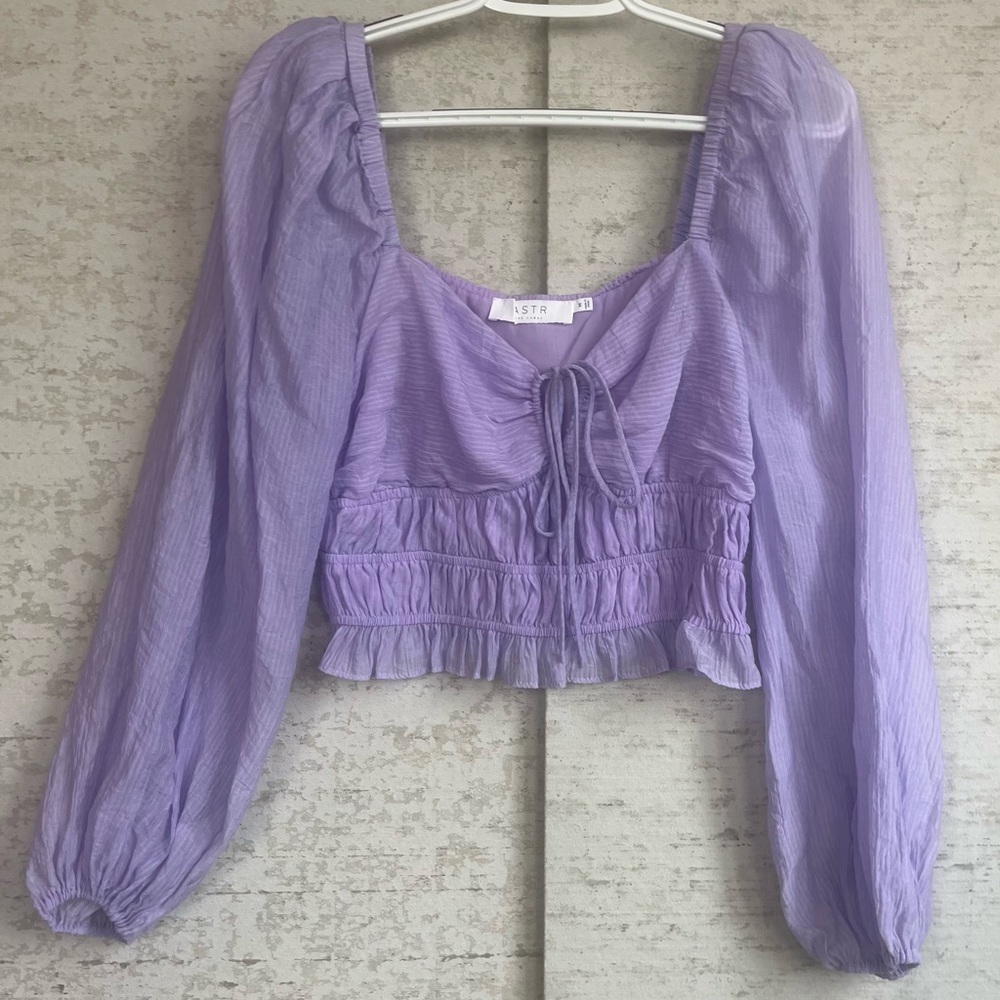 Astr The Label Irwin Bustier Lilac Women Smocked Crepe Long Puff Sleeve Top Sz M
